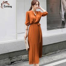 Cotday-Vestidos largos informales para mujer, traje elegante plisado de tres cuartos, con una hilera de botones, color naranja 2024 - compra barato