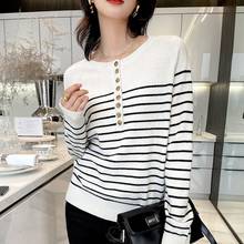 100% Wool Cashmere Knitted Sweater Women Striped O-Neck Full Sleeve Loose Elastic Female Pullover Elegant Jumpers Girls Tops 2024 - buy cheap