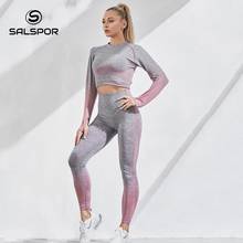 SALSPOR-chándal sin costuras para mujer, conjunto deportivo de camisetas de manga larga, Tops de Fitness, Leggings de realce de cintura alta, ropa deportiva para mujer, 2 uds. 2024 - compra barato