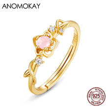 Anok anel de flor aberto, anéis com folha de cristal rosa e cor dourada para mulheres, prata esterlina 925 real, anel de joia reutilizável para presente 2024 - compre barato