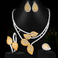 Godki conjunto de joias de luxo feminino, 4 peças bicolor, folhas nigerianas, zircônia para casamento, conjunto de joias indianas africanas 2020 2024 - compre barato