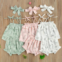 Girl's Three Piece Set Summer 2021, Infant's Ruffled Hem Lace Up Floral Printed Tops Elastic Waist Shorts Hair Band 2024 - buy cheap