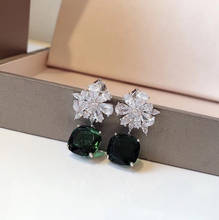New fashion brand jewelry women green square candy earrings 925 sterling silver flower earrings for girls 2024 - buy cheap