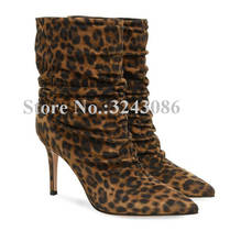 Botines de leopardo con punta estrecha para mujer, botas cortas plisadas con tacón de aguja, zapatos de banquete de talla grande, envío directo 2024 - compra barato