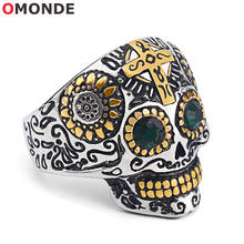 Vintage Stainless Steel Skull Rings with Green Stone Eyes Cross Charms for Men Male Biker Fashion Halloween Statement Jewelry 2024 - buy cheap