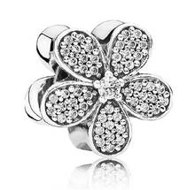 Genuine 925 Sterling Silver Bead Charm Cute Daisy Flower With Crystal Beads Fit Pandora Bracelet & Necklace DIY Jewelry 2024 - buy cheap