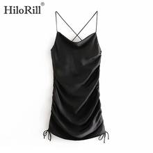 HiloRill Women Sexy Satin Spaghetti Strap Mini Party Dress 2021 Sleeveless Black Dresses Bow Drawstring Backless Club Dress 2024 - buy cheap
