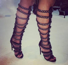 Chains Straps Cut-outs Stiletto Heels Gladiator Sandals Boots Zipper Thin Heel Party Shoes Women Open Toe Summer Knee High Boots 2024 - buy cheap