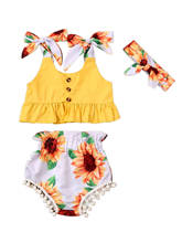 Conjunto de 3 peças de roupas para crianças bebês meninas estampa floral colete sem manga amarelo tops + shorts bandana 2024 - compre barato