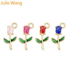 Julie Wang 4PCS Enamel Rose Charms Flowers Pink Red Blue Alloy Gold Tone Necklace Bracelet Earrings Jewelry Making Accessory 2024 - buy cheap