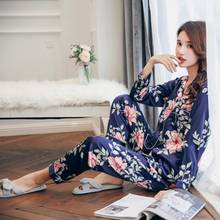 Women Plus Size Faux Silk 2 Piece Pajamas Set Long Sleeve V-Neck Buttons Top Pants Sweet Floral Print Lounge Sleepwear 2024 - buy cheap