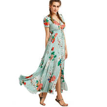 Women Floral Print Button Cutout Elegant Party Long Dress Bohemian Retro Ethnic Maxi Dress V-Neck Short Sleeve Slit Beach Dress 2024 - buy cheap