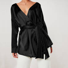 Elegant satin women blouse sexy V-neck long sleeve spring autumn office lady shirt with belt M30586 2024 - buy cheap