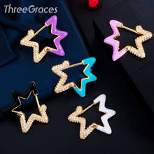Threegrays brincos de pino formato de estrela, brincos para mulheres preto, rosa, esmalte, zircônia cúbica, cor de ouro, joia coreana, presente er552 2024 - compre barato