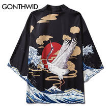 GONTHWID Harajuku Crane Seawave Print Japanese Kimono Cardigan Shirts Mens Summer Hip Hop Casual Open Front Jackets Coats Tops 2024 - buy cheap