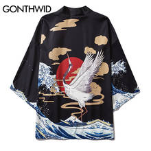 Gonthwid-casacos kimono japonês para homens, roupa esportiva, hip hop, com estampa seawave 2024 - compre barato