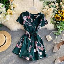 Vintage Boho slim floral print 2021 V Neck Jumpsuit Casual Sexy Women bandage rompers Short Summer Playsuit Beach Holiday Romper 2024 - buy cheap