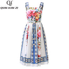 Qian Han Zi Runway Dress Summer 2020 Women Sling Spaghetti strap Vase Floral-Print Button Casual Holiday Elegant Beach Dress 2024 - buy cheap