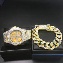 Luxury Men Gold Color Watch & Bracelet Combo Set Ice Out Cuban In Crystal Chain Top Brand Hip Hop Jewerly Set Hip Hop For Men 2024 - buy cheap