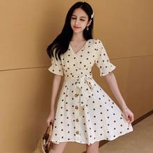 Fashion Dot Button Chiffon Short Sleeve V-neck Short Beige Women Party Summer Dress Vestidos 4536 2024 - buy cheap