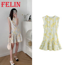 FELIN 2021 Women's Za Summer Sleeveless Ruffle Dress O-Neck Elegant Yellow Floral Mini Dress Female Vintage Mujer Vestidos 2024 - buy cheap