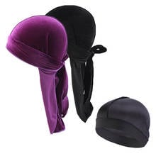 3 Pcs Set Velvet Durag and Dome Cap Unisex Women Men do doo du rag Long Tail Pirate Head Wrap Solid Color Head Wear Chemo Cap 2024 - buy cheap