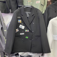 Harajuku blazer jaqueta feminina moda dos desenhos animados remendo solto terno jaqueta feminina duplo breasted blazers preto casaco estilo britânico 2024 - compre barato
