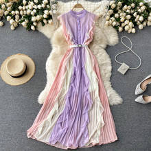 Elegant Women's Chiffon Pleated Dress Ruffled Sleeveless Stand Collar Single-Breasted Purple Mixi Dress Female Vestidos 2024 - buy cheap