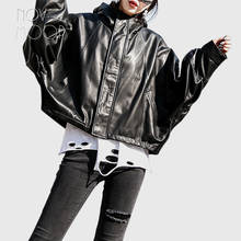 Novmoop-abrigo de piel de oveja con capucha para mujer, chaqueta negra de gran tamaño, estilo urbano americano, de piel auténtica, LT2807 2024 - compra barato