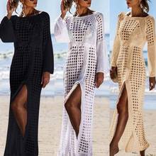 Summer Women Hollow Knitted Long Sleeve High Split Bikini Cover Up Maxi Dress perfect gifts for women birthday gifts beach dress 2024 - buy cheap