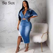 2020 Jeans Skirt Suit Set Denim Two Piece Sets Women Casual Short Sleeve Top&Long Skirt Suit Tracksuit Clubwear Outfit Vestidos 2024 - buy cheap