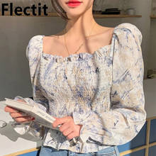 Flectit Smocked Floral Blouse Square Neck Long Sleeve Ruffled Crop Tops Women Spring Summer Festival Outfit  * 2024 - buy cheap