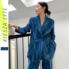 Conjunto de 2 piezas de chaqueta y pantalón de terciopelo azul para mujer, traje coreano, moda de pasarela, primavera y otoño, 2021 2024 - compra barato