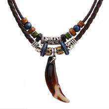 Vintage Ethnic Men's Necklace Wolf Tooth Pendant Beaded Leather Weaved Necklace Bohemian Boho Necklace Jewelry for Women Men 2024 - buy cheap