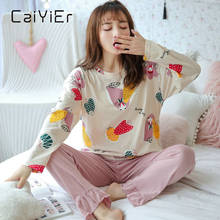Пижамный комплект CAIYIER, корейский, хлопковый, с мультяшным принтом, для девочек, с круглым вырезом, для отдыха, мягкая домашняя одежда для женщин, симпатичная ночная рубашка, M-2XL 2024 - купить недорого
