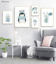 Póster de dibujos animados, pintura al óleo con estampado de pingüino, conejo, lienzo impreso para decoración de pared de habitación de niños y guardería 2024 - compra barato
