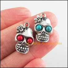 Fashion 12Pcs New Halloween Charms Tibetan Silver Tone Red & Blue Stone Flower Skull Pendants 13x22mm 2024 - buy cheap