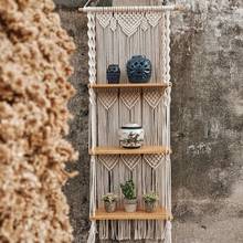 Estante colgante de pared de macramé bohemio, organizador de madera hecho a mano de 3 niveles, Colgador flotante de pared para decoración del hogar 2024 - compra barato