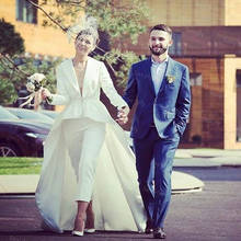 Stylish Soft Satin Jumpsuit Wedding Dresses With Overskirt Train Deep V Neck Long Sleeve Bohemian Wedding Dress 2021 Outfit 2024 - buy cheap