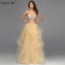 Serene Hill Gold V-Neck Luxury Beaded Evening Gown 2021 Sexy Sleeveless A-Line Tiered Formal Party Dress CLA70149 2024 - buy cheap