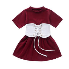 Vestido + cinto para crianças 1-6 anos, meninas, manga curta sólida até o joelho, vestido-linha a, 2 peças 2024 - compre barato