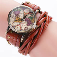 Relógio de pulso feminino, retrô, trançado, couro genuíno, mapa do mundo, casual, vestido de quartzo, vintage 2024 - compre barato