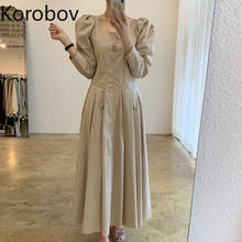 Korobov 2020 New Chic Elegant Solid Square Collar Dress Korean Vintage Long Sleeve High Waist Dresses Autumn Winter Vestidos 2024 - buy cheap