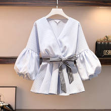 2020 Autumn New Women Fashion Blouse V-neck Lantern Sleeve Striped Peplum Tops Plus Size Women Shirts Chemise Blusa S-4XL 2024 - buy cheap