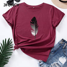 JFUNCY-Camiseta de algodón para mujer, ropa holgada con estampado de plumas, de manga corta, informal, de verano, talla grande 5XL 2024 - compra barato