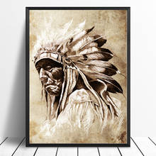 Preto e branco americano nativo indiano retrato pintura da lona posters impressão escandinavo arte da parede imagem para sala de estar 2024 - compre barato