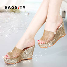 EAGSITY sequined women wedges sandals slipper platform high heel pumps peep toe beach sandals shoes wedding party golden silver 2024 - buy cheap