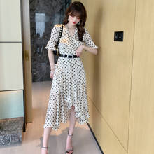 new arrival korean style fashion dress women elegant summer OL lady vintage dot temperament flare sleeve slim asymmetrical dress 2024 - buy cheap