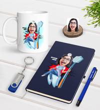 Personalized Women 'S Dentist Caricature Of Navy Blue Notebook Pen cup 32gb USB Memory Gift set-4 2024 - buy cheap