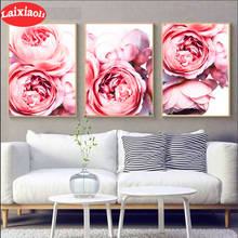 Full square round diamond painting Peony 3 pcs pink flower diamond embroidery 5D rhinestone mosaic diamond inlaid pattern decor 2024 - buy cheap